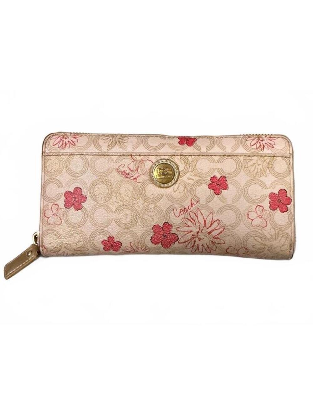 Coach Waverly Floral Zipper Long Beige Leather Accordion Wallet Gold Inside